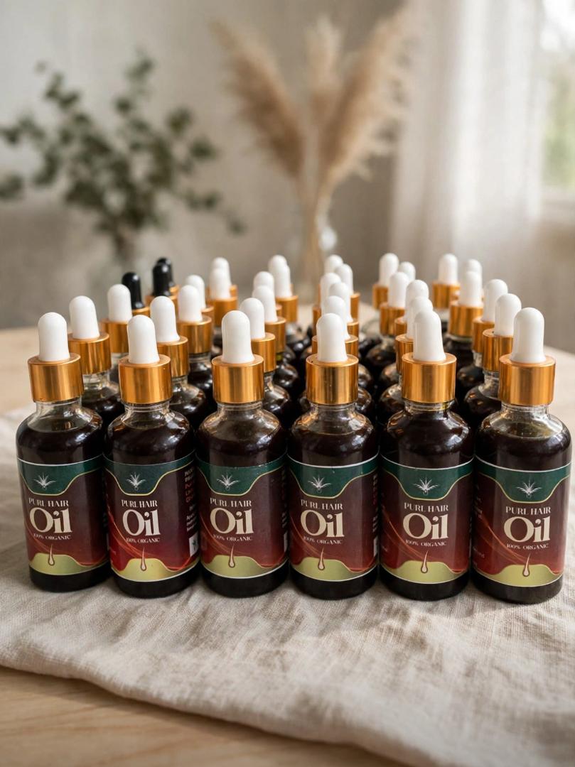 Rows of Purl Hair Oil bottles with gold dropper caps on a linen cloth